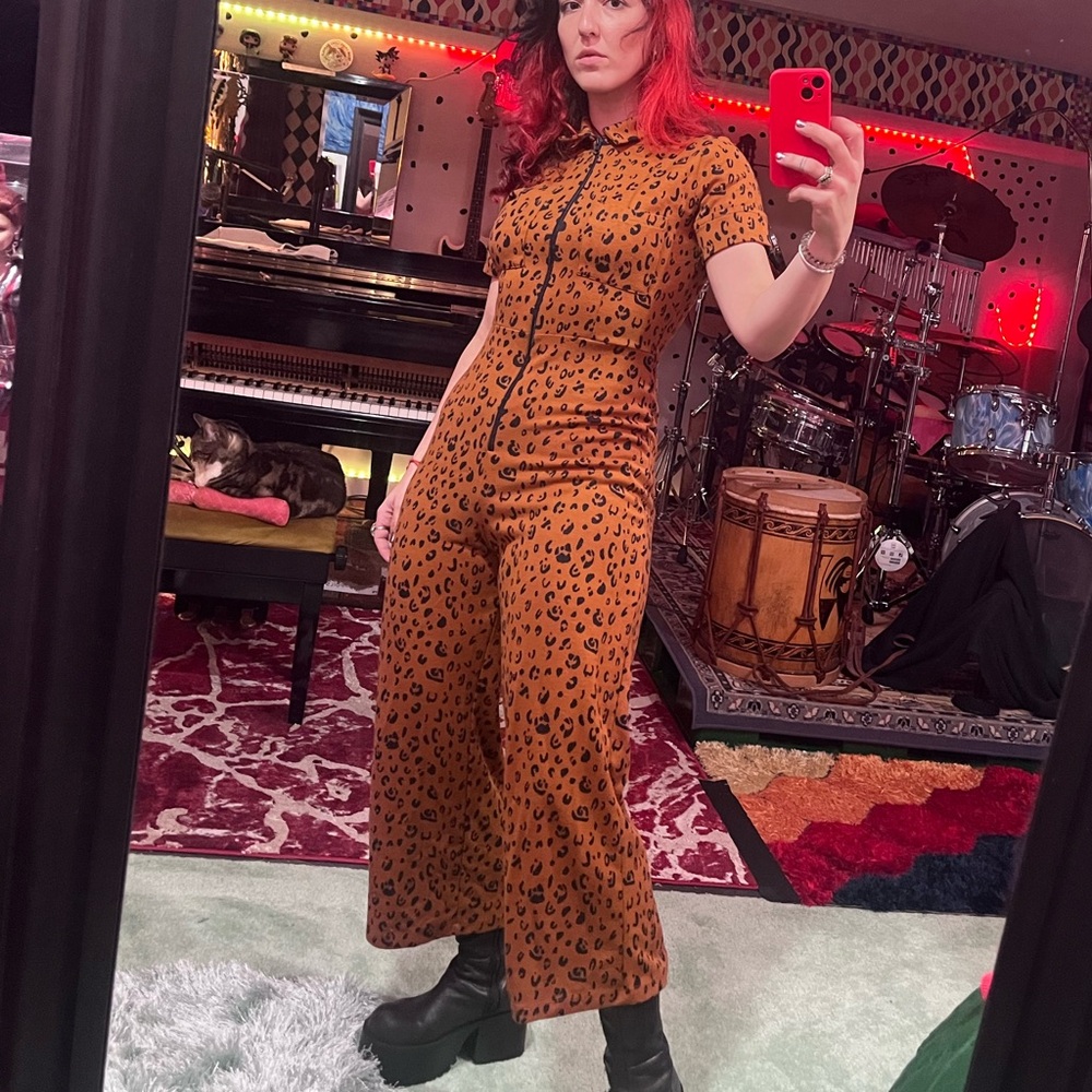 Free People Knit Zip Jumpsuit in Cheetah Print
